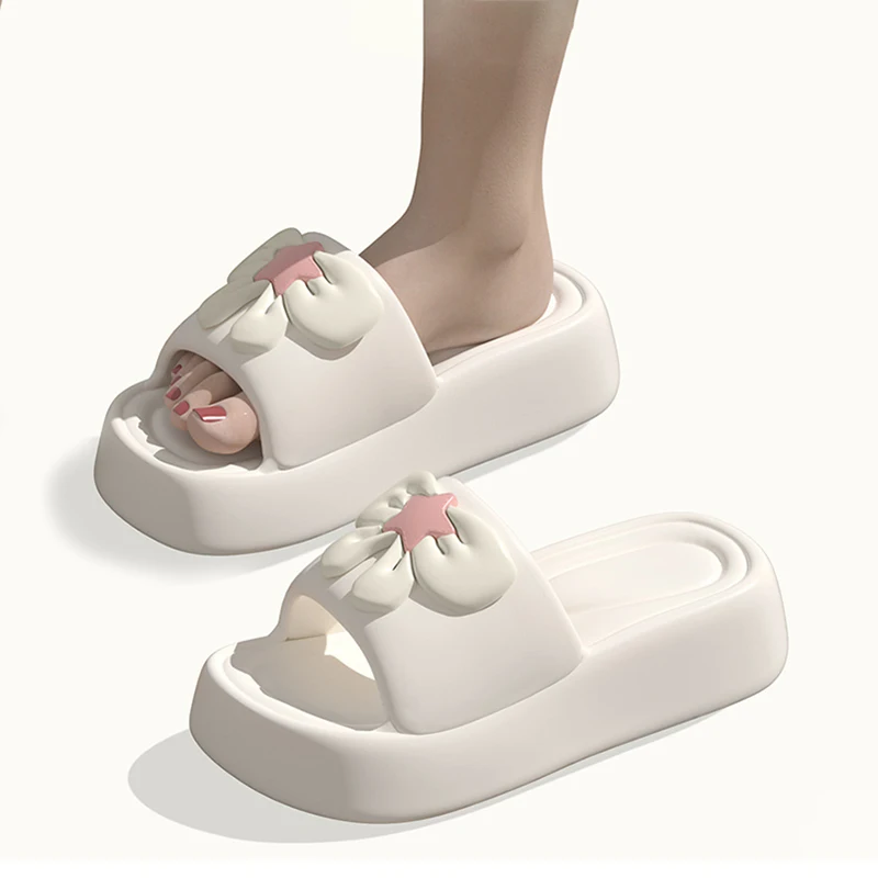 Casual Platform Slippers Women Home Summer Cute Bow Designer Shoes Girl Flats Lovely Fashion Popular Footwear House Thick Bottom