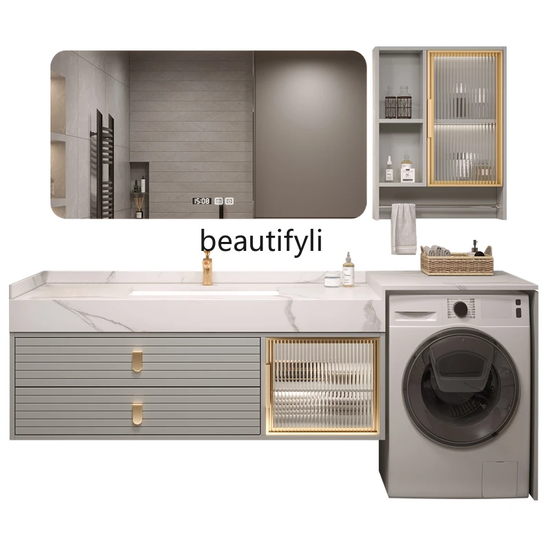 

European-Style Balcony Solid Wood Stone Plate Ceramic Washing Machine Combination Bathroom Cabinet Bathroom Wash Bathroom