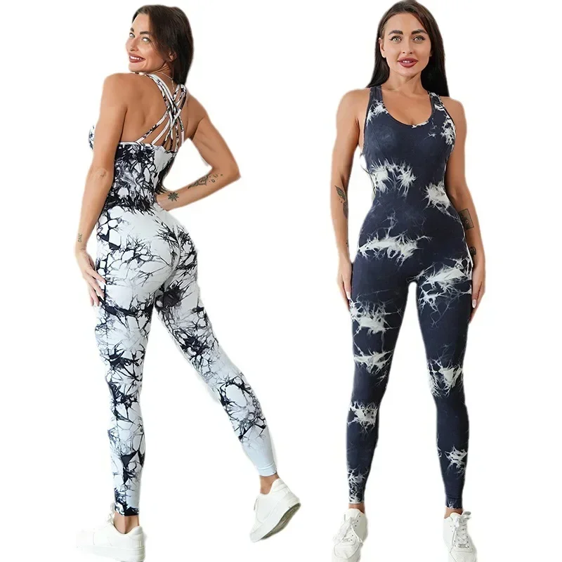 

Tie-dyed Yoga Jumpsuits Sports Fitness Hip-lifting Pants Backless Shockproof Bra Suits Workout Gym Leggings Tracksuits for Women