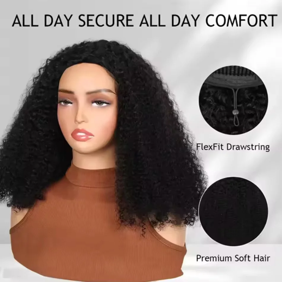 250% Half Wigs Human Hair Afro Kinky Curly Headband Wig Upgrade 3 IN 1 Half Wig With Drawstring Seamless Clip Ins Flip Over