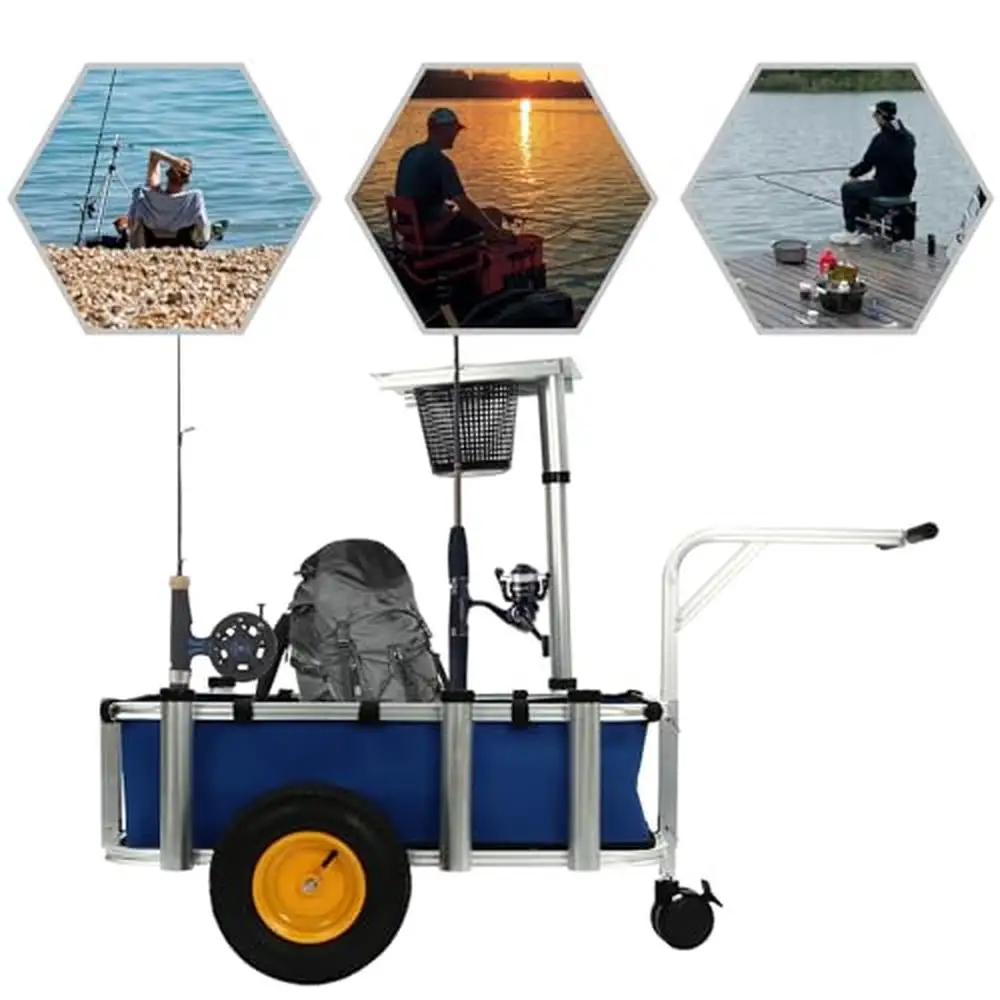 Portable Fishing Cart with High Load-bearing Capacity Oxford Cloth Pocket Triangular Support Structure Pneumatic Tires Easy