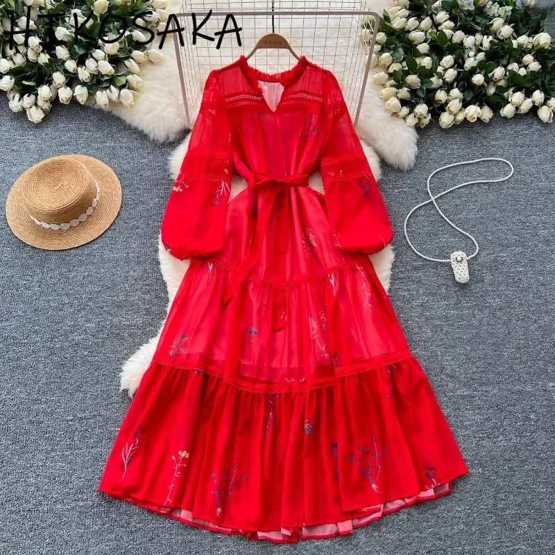 French Niche Dress Women's Autumn New Court Style Print Belt Slim Waist Big Swing Chiffon Robe Elegant Temperament Vestidos