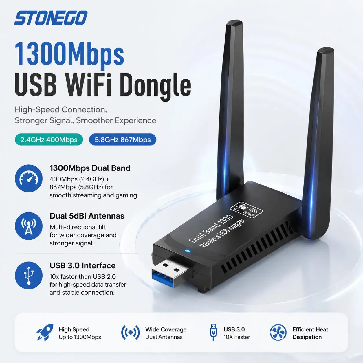 1300Mbps USB 3 0 WiFi Adapter Dual Band 5GHz 2 4GHz High Gain Antenna Long Range Wireless Network Card WiFi Dongle for PC Laptop Desktop Windows 11 10 8 7 Vista XP Compatible with AC1300 802 11ac Internet Receiver view 2