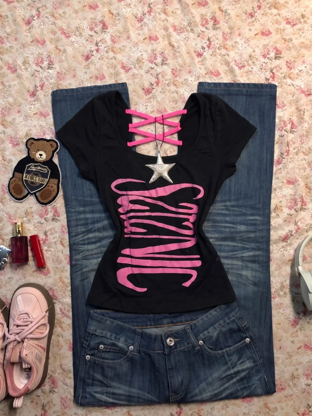 Aesthetic T-shirt Y2k Slim Punk Goth Vintage 2000s Harajuku Crop Top Sexy Backless Print Streetwear Hot Girl Basics Summer Tees