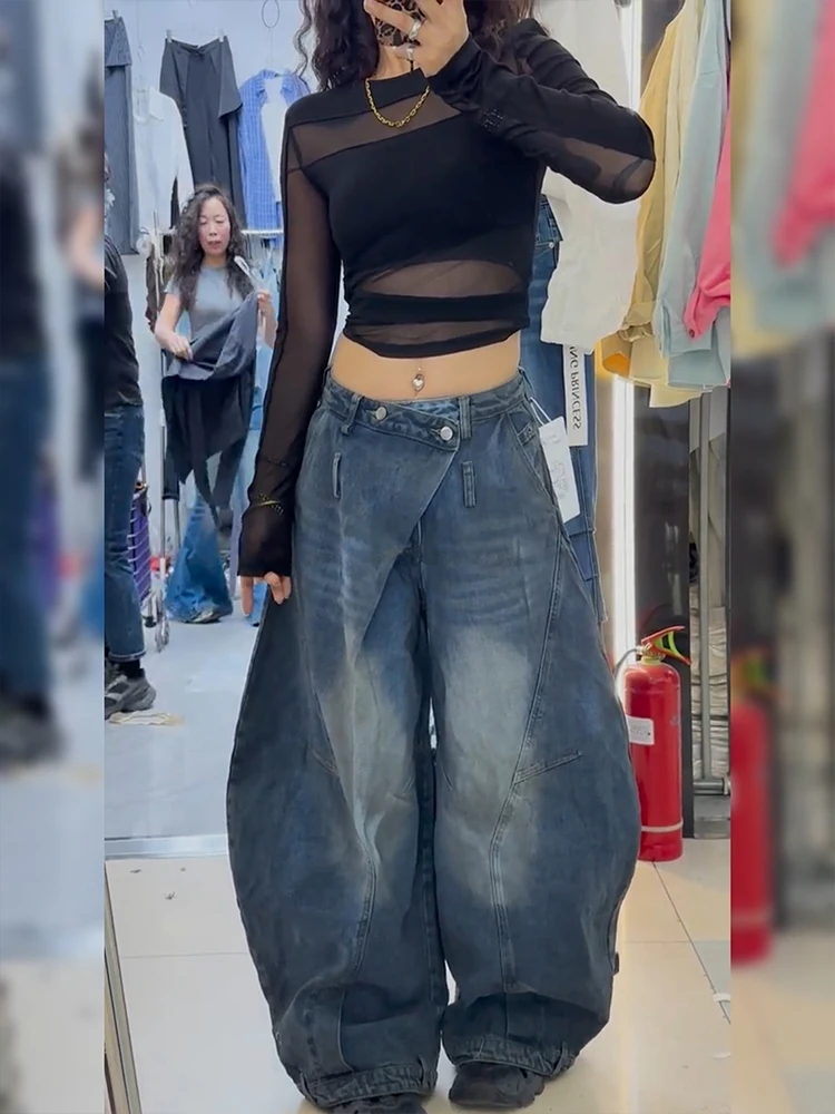 

Loose High-Waisted Distressed Women's Jeans American High Street Style Lazy Feeling Retro Washed out of Place Waist Knife Lon...
