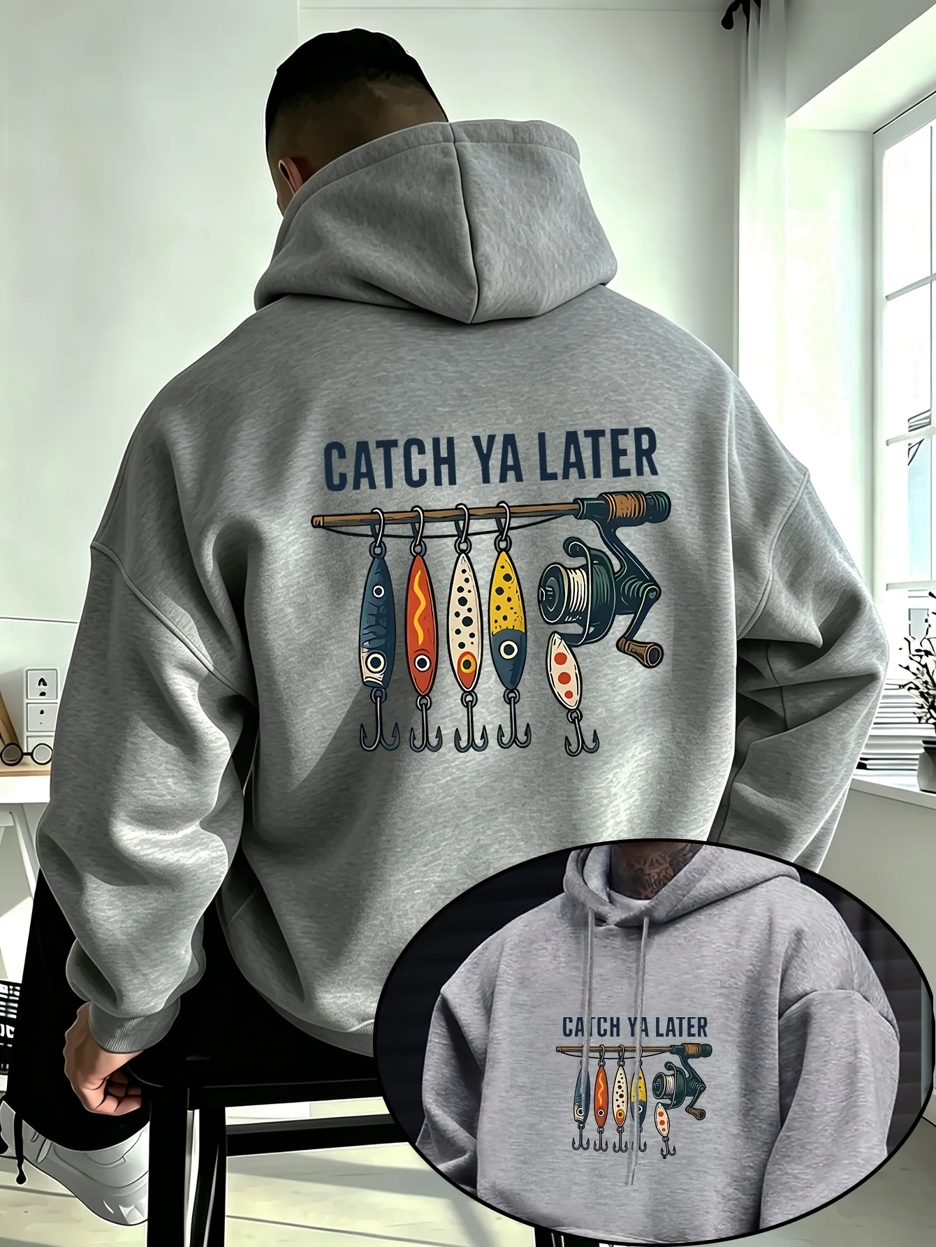 Herren Catch Ya Later Hoodie Beige Oversized Angelköder-Grafik Pullover Fischer Streetwear Sweatshirt Herbst Winter – Detail 4