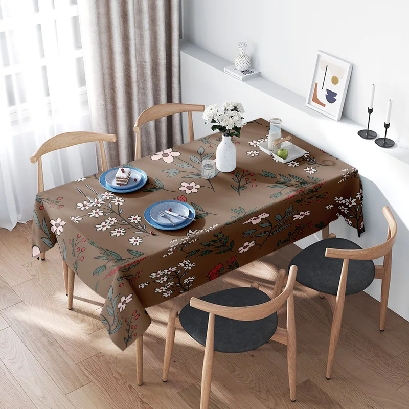 

Modern Flower Printed Tablecloth for Dining Room Decor Rustic Brown Floral Table Cover with Blue Plates Set (4 People) Soft Wash