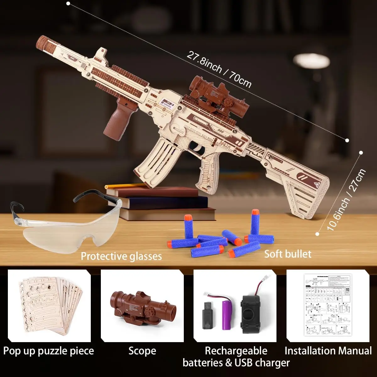 VATOS 3D Wooden Gun Puzzles for Kids Adult with Foam Soft Bullet Electric Wooden M416 Model Rifle Guns Toy DIY Building Gift Boy