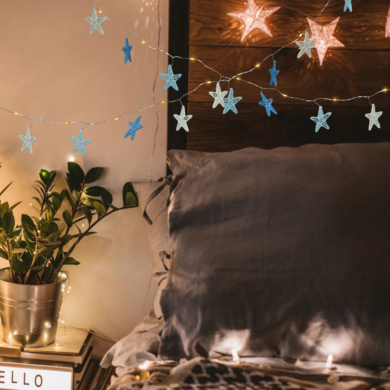

20 LED Wooden Sea Star String Lights 2m Nautical Theme Flexible Copper Wire Ocean Party String Light Decor Fairy Light