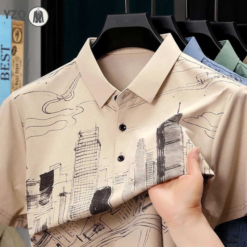 Daily Office Wear Mens Two Button Polo Short Sleeve Full Metropolis Ink Drawing Soft Air Permeable Fabric Stretch Casual Top