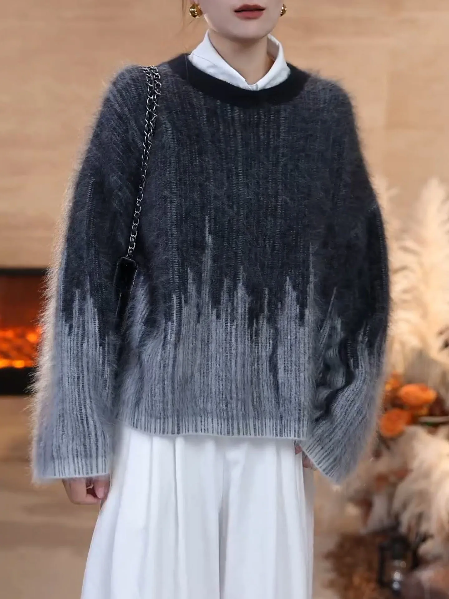 

2025 Autumn Winter adient Color Blo round Ne Knitwear Faionable Korean Sle Women's Sweater Warm Long Sve Camere