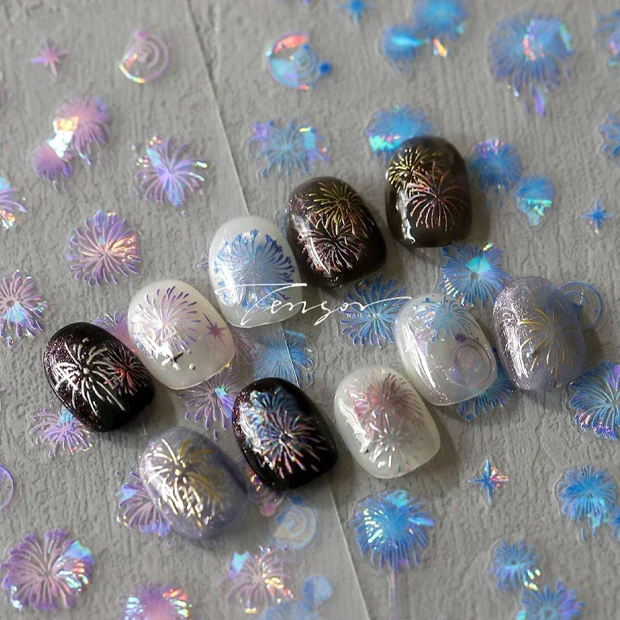 Bunte Feuerwerk-Nagelkunst-Aufkleber, glänzender Farbverlauf, Sterne, Laserblau, Lila, chinesisches Neujahr, funkelnde, brillante Maniküre-Aufkleber
