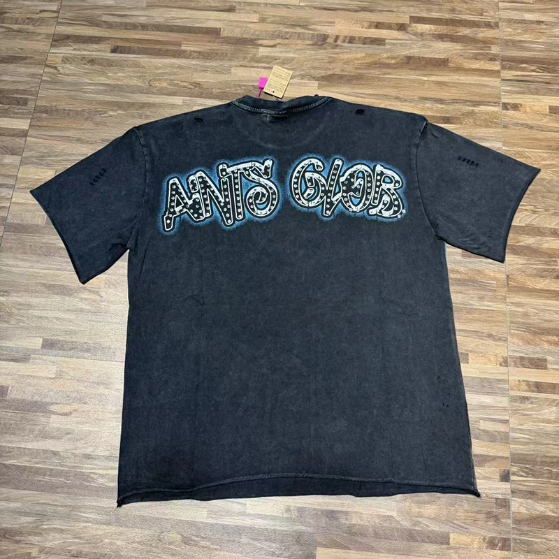 Street Vintage Saint T-Shirt Rhinestone Letter Angel Devil Kid Double Side Print Washed Distressed Loose Short Sleeve