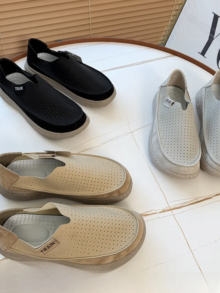 Easy Slip-On Laser-Pierced Comfortable Breathable Summer Men's Fashionable Rubber-Soled Casual Shoes Low-Top Flat-Wheel Design