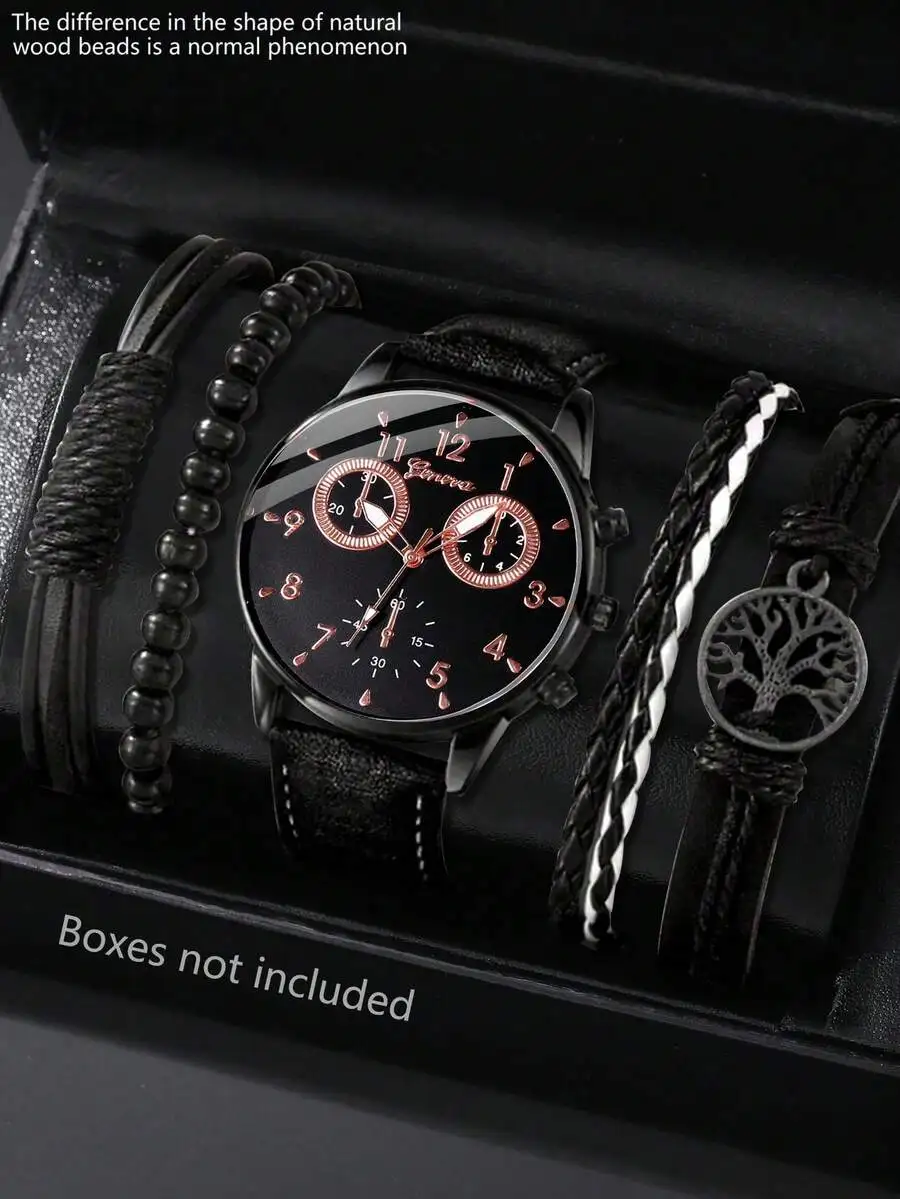 

Мужские кварцевые часы с черным циферблатом, кожаным ремешком и набором из 4 браслетов