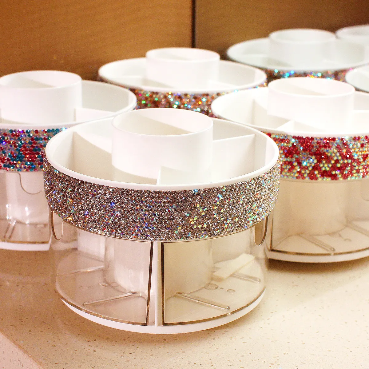 Bling Rhinestone 360° Rotating Makeup Brush Holder Cosmetic Organizer for Nail Polishes Skincare Perfumes Desktop Vanity Storage