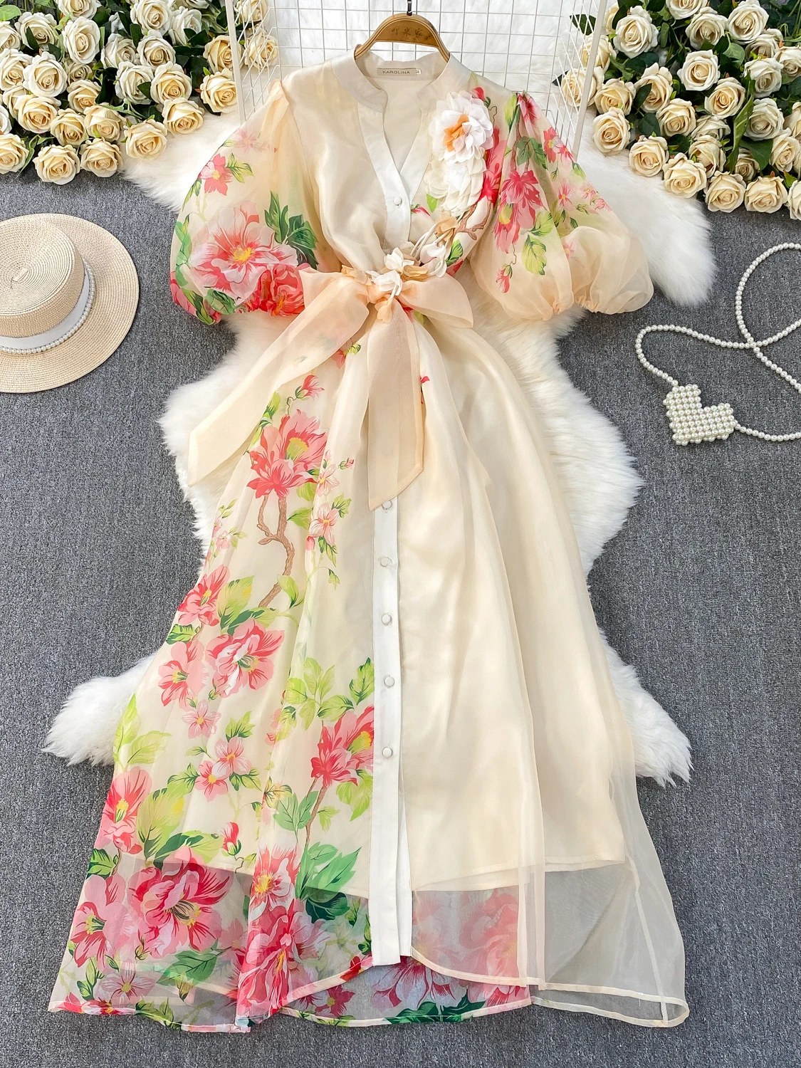 Vestido de Verão E com Estampa Floral, Cintura Alta, Manga Bufante, Decote em V, Cinto na Cintura, Estilo Coreano para...