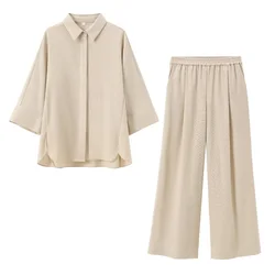 2024ZAR4 Summer New Women's Style Versatile Button Decoration Linen Blended Wide Sleeved Shirt Straight leg Pants Set