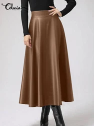 Celmia 2023 Autumn PU Leather Midi Skirts Women Elegant OL High Waist Party Skirt Fashion Office Lady Solid Jupe Street Faldas