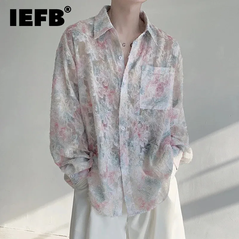 

IEFB Long Sleeve Men's Shirt Flower Texture Thin Clothing Single Breasted Design 2024 Autumn New Trendy Male Top Korean 9C5884