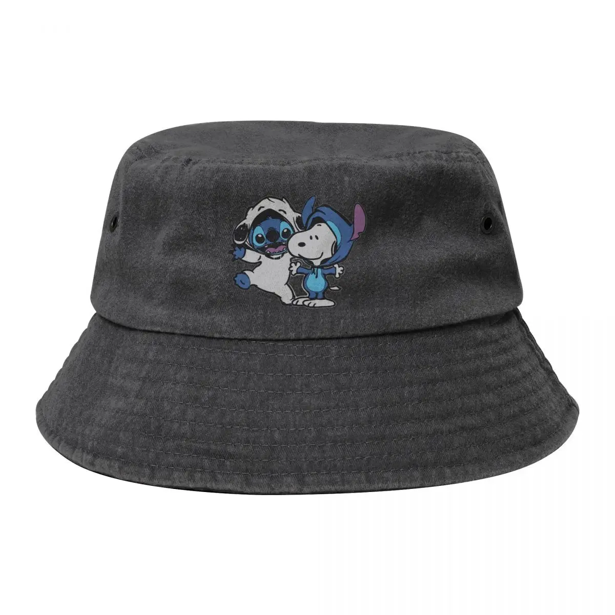 Unique Funny Stich And Snoopy Denim Bucket Hats For Unisex Cartoon Comic Washed Distressed Bob Hat Vocation Getaway Headwear