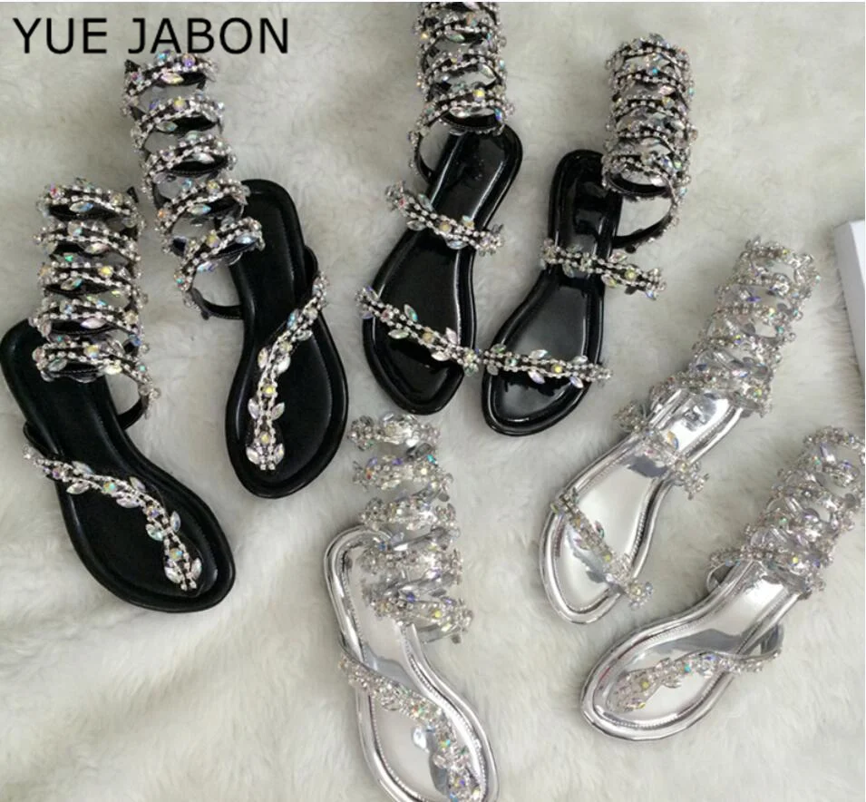 YUE JABON Summer Luxurious gladiator sandals women Flat Crystal Sandals Snake Punk Flat Heel Women Sandals Wedding Party shoes