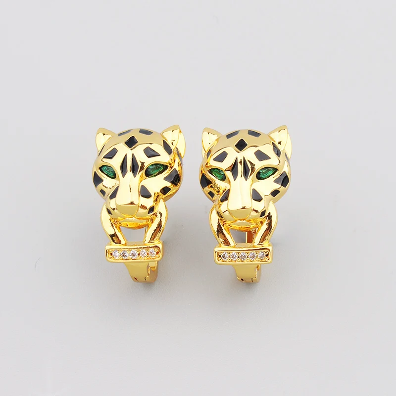 Luxury Brand Fashion Leopard Tiger Hand Earrings Retro Brass Rose Gold Silver Color Green Eyes Full Cubic Zircon Women Jewelry