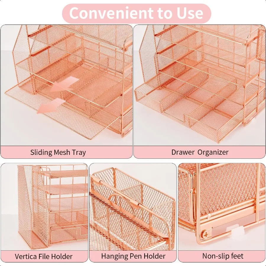 Youbetia 5-уровневый бумажный лоток для писем, органайзер с сетчатым держателем для файлов, настольные аксессуары, настольные органайзеры для рабочего пространства с выдвижным ящиком и пе