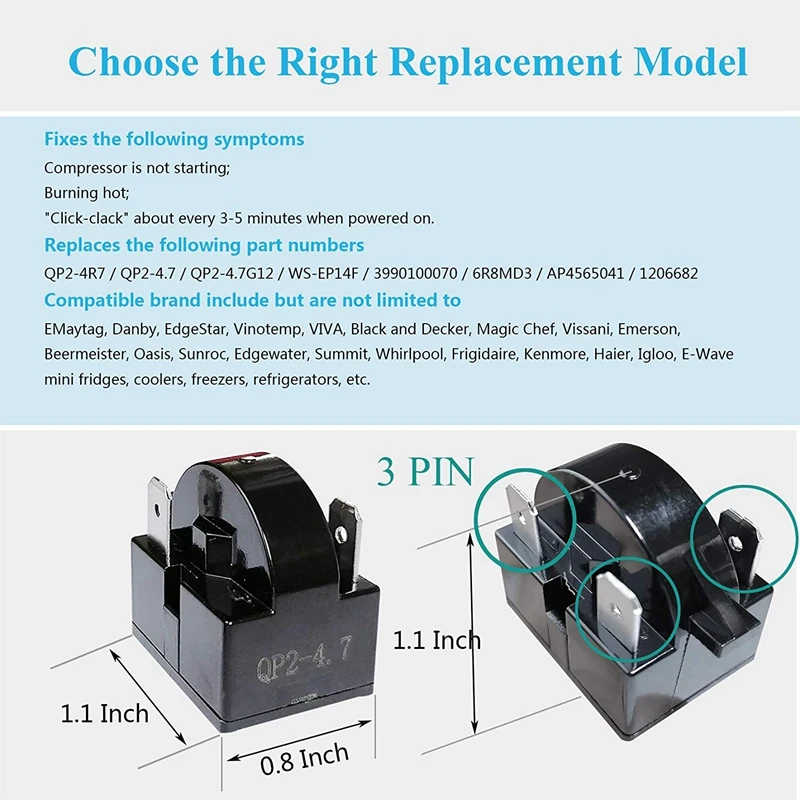 A76G 3 Pin QP2-4.7 4.7 Ohm PTC for Starter Relay for Mini Refrigerator Compressor Replacement Parts