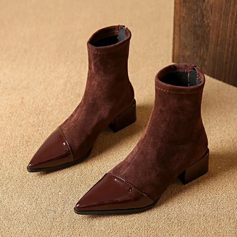 Autumn Winter Vintage Slim Women Ankle Boots Ladies Concise Pointed Toe Square Heel Short Botas Fleece Lined Zapatos De Mujer