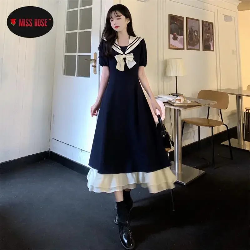 Harajuku Kawaii Lolita Dress Women Preppy Style School Sailor Collar Puff Sleeve Wrap Short Summer Party Club Prom Dresses