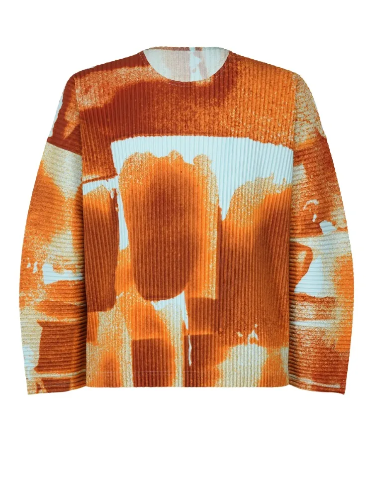 

Miyake Spring New Men's Hoodie with Color Block Printing, Fashionable Trend Folded Loose Casual Long Sleeve T-shirt Men Clothing
