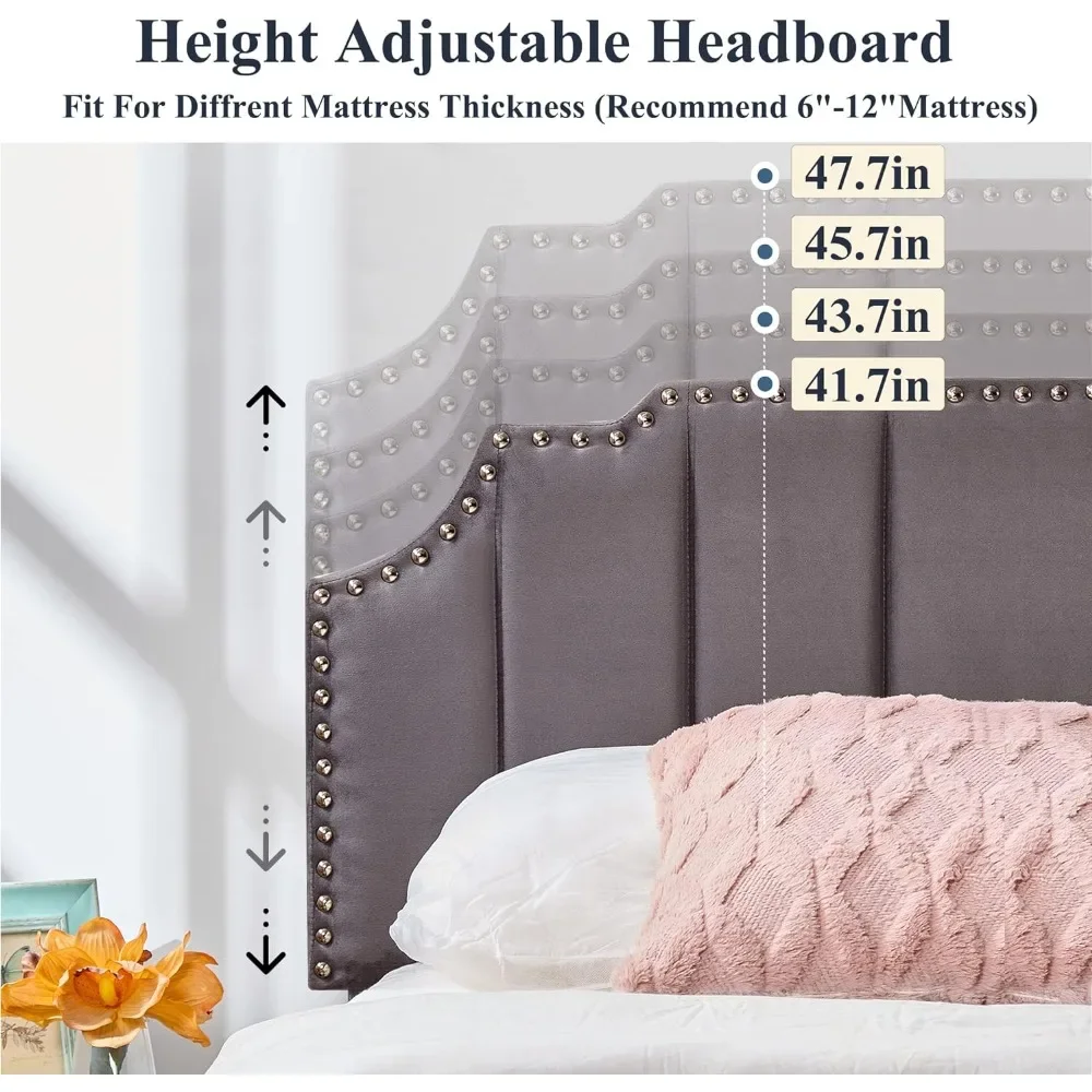 Bed frame, double bed frame soft cushion platform with wooden support, easy to assemble, with adjustable headboard/mattress base