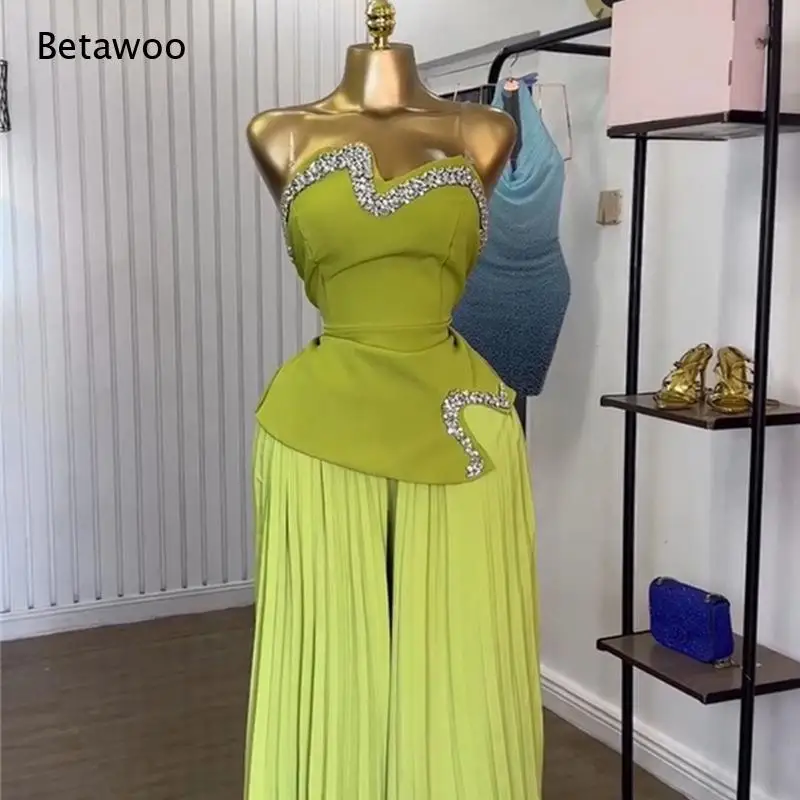 Women Rhinestone Heart Trim Strapless Corset Top High Waist Pleated Wide Leg Pants Two Piece Formal Set