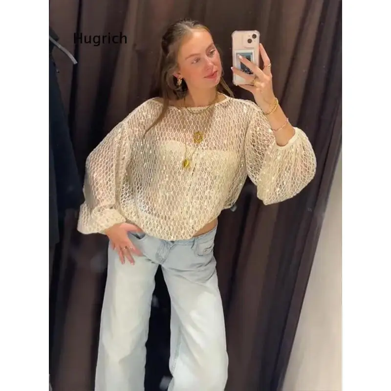 Women Hollow Out Beaded Mesh Long Sleeve Top Loose Fit Sheer Knit Blouse Delicate Decorative Details For Daily Matching Beach C