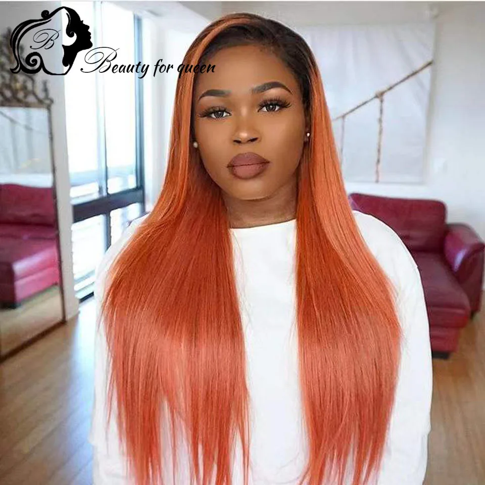 

Brazilian Human Hair Wig High Quality Colored 13x4 HD Lace Frontal Wigs Orange Black Straight For Women Wear And Go Pre Plucked