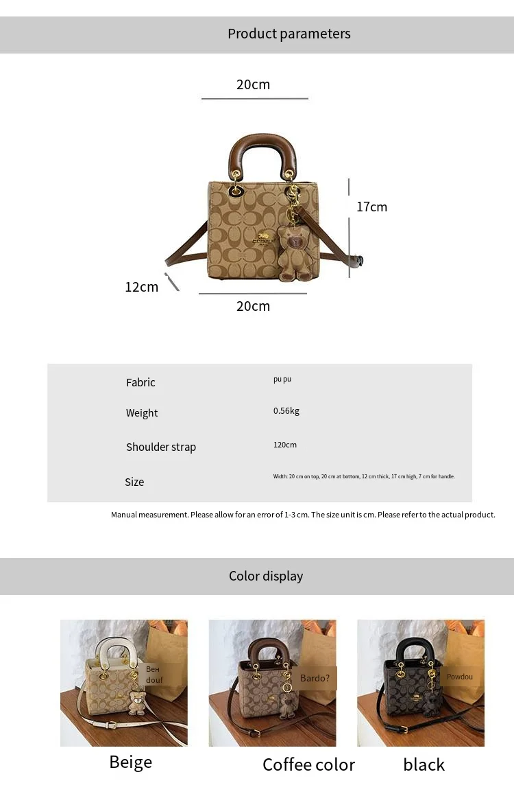 Luxuriöse Damenhandtasche im Vintage-Stil mit klassischem Monogramm, modische Designer-Tragetasche mit Bären-Anhänger für den Alltag und Verabredungen – Detail 2