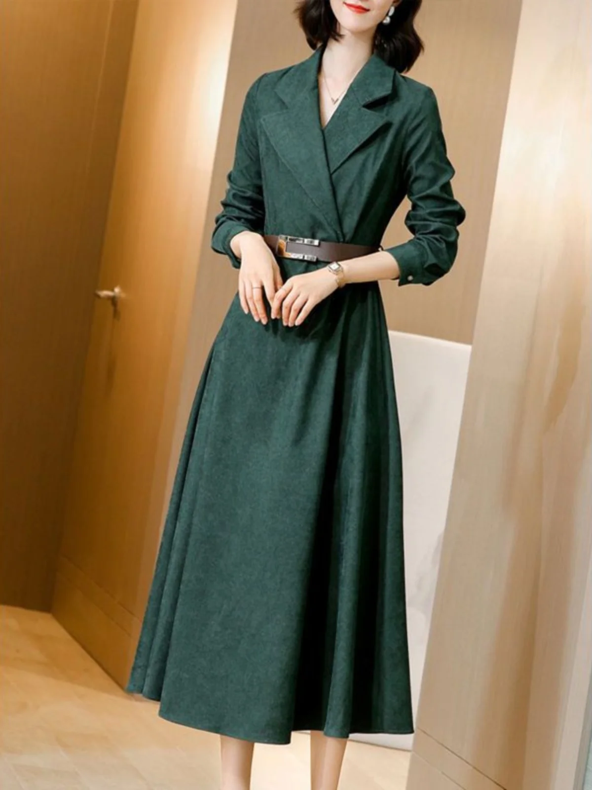Corduroy Dr Suit Collar Spring Autumn Women's Waist Cinching Early Spring Long Dr Spring Faion Autumn Winter
