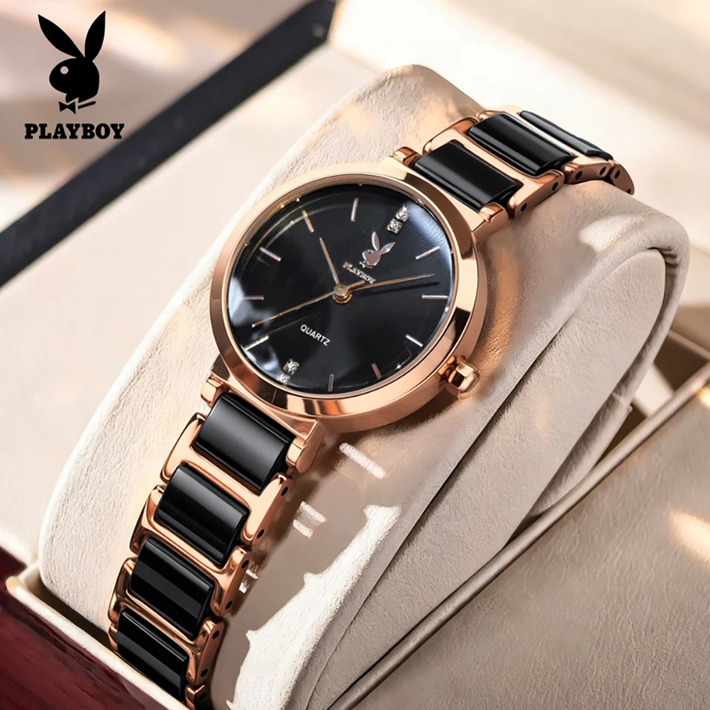 PLAYBOY 3128 Ladies Watch Luxury Original Elegant Quartz Wristwatch Waterproof Ceramics Strap Watches for Women's Gifts