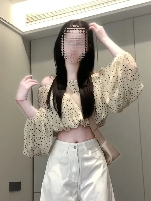 

Ретро-блузка в горошек с рукавом-фонариком на одно плечо для женщин, весна-лето, приталенная, с длинным рукавом, элегантная, модная