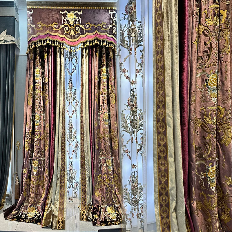 Custom  European high-grade Vintage purple red velvet thick embroidery  cloth blackout curtain tulle valance drape C1655