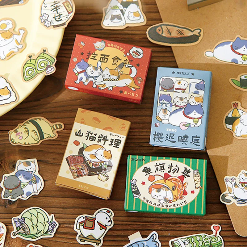 Vintage Japanese-Style Small Object Stickers Traditional Design Lucky Cat With Sakura Koi Fish Ramen Noodles Foods DIY Sicker