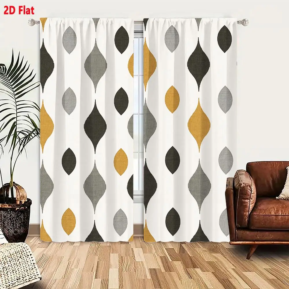2Pcs Curtains 2D Flat Mid-Century Modern Geometric Pattern With Mustard Yellow Gray And Charcoal Teardrop Shapes Window Drapes f