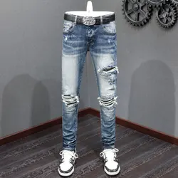 Designer Street Fashion Boutique Herren hellblaue Jeans elastische eng anliegende Patchwork-Patch-Jeans Herren Designer-Hip-Hop-Marke