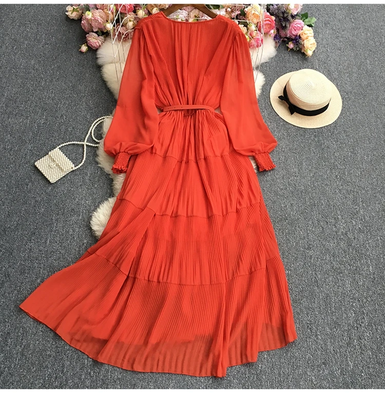 Summer Chiffon Long Dress for Women Pleated Folds Patchwrok Full Sleeve Vintage Robe Red/Orange/Black Vestidos De Tricô Femenino