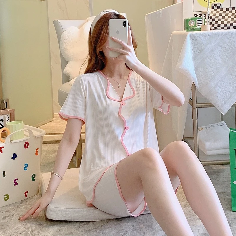 Summer new milk silk thin cardigan front button sweet lovely princess style short sleeve shorts casual pajamas women's home wear