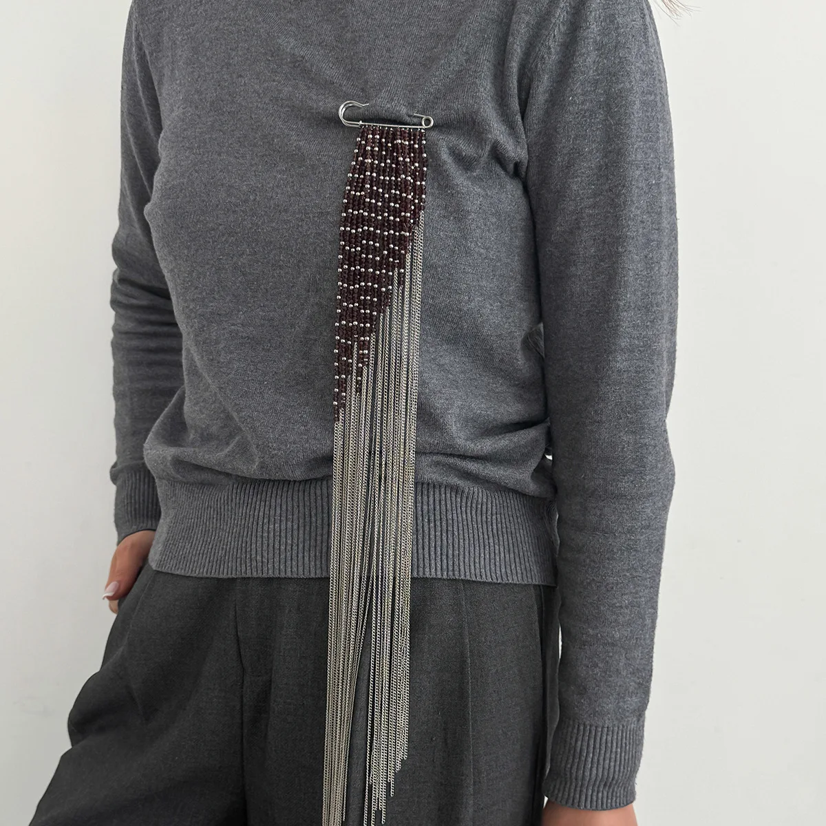 Cold ins crystal beaded long necklace creative color matching dual purpose pin necklace