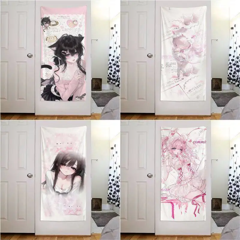 Sweet Goth Pastel Kawaii Cat Bunny Ear Vertical Wall Tapestry Door Curtain, Lolita Anime Girl Aesthetic Room Decor