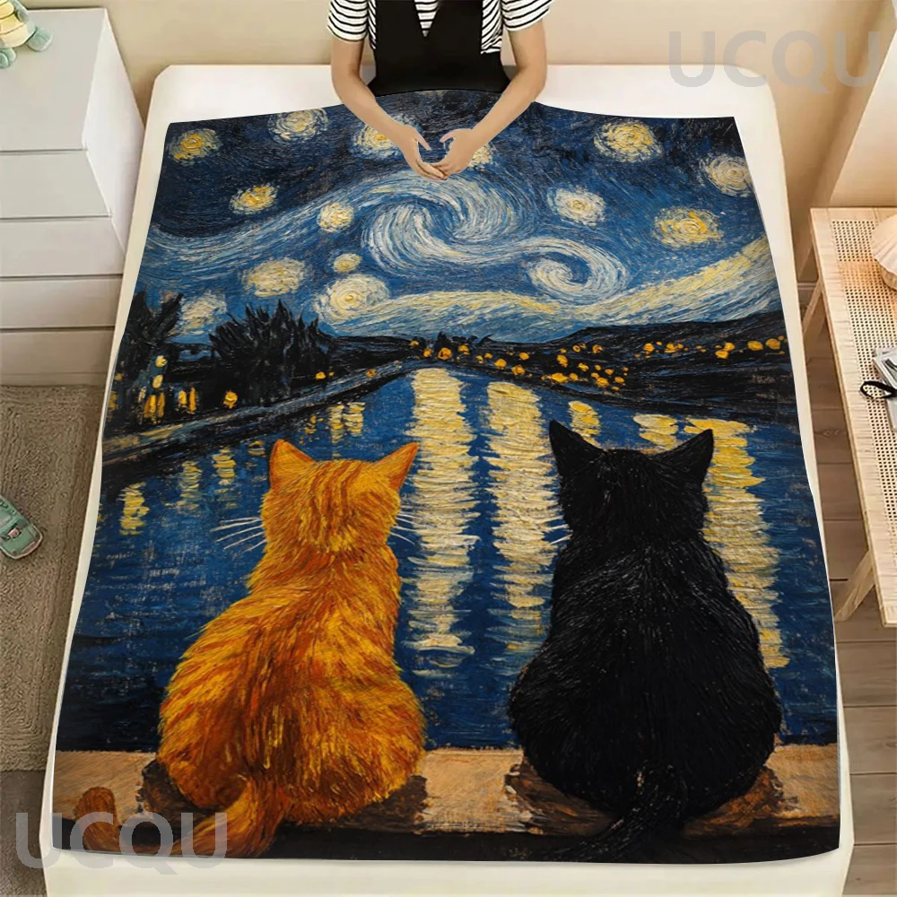 

Manta navideña de varios tamaños con estampado 2D de Van Gogh, noche estrellada, diseño de dos gatos, Материал franela