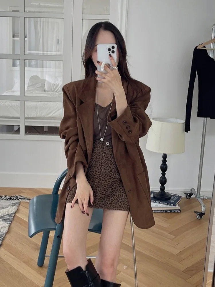 Chaleco de ante elegante, traje informal para mujer, Jaet, un solo botón, suelto, Vintage, Sle, Faion coreano, largo, Sve Busin, para ir al trabajo